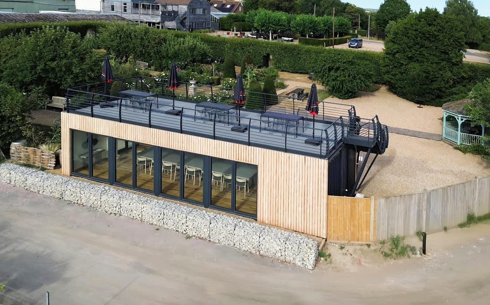 Shipping Container Wine Tasting Room - drone shot 1