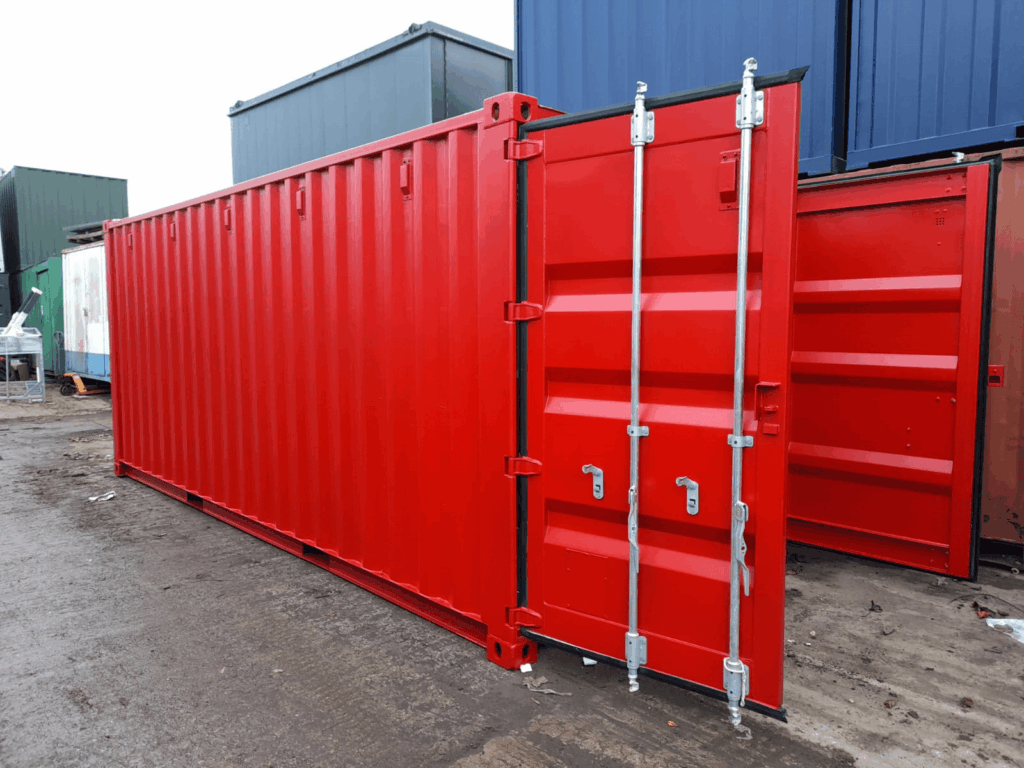 A red 20 ft storage container with doors open.